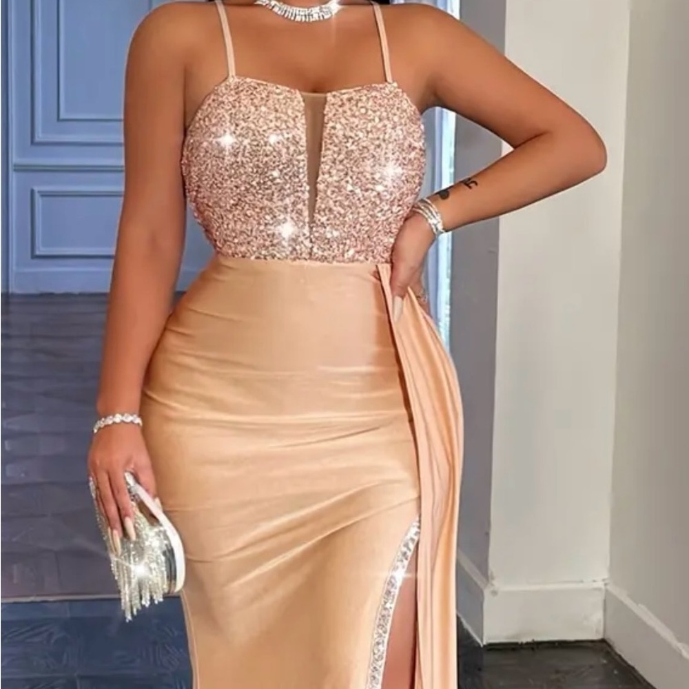 Elegant Peach gold Sequin Evening Dress